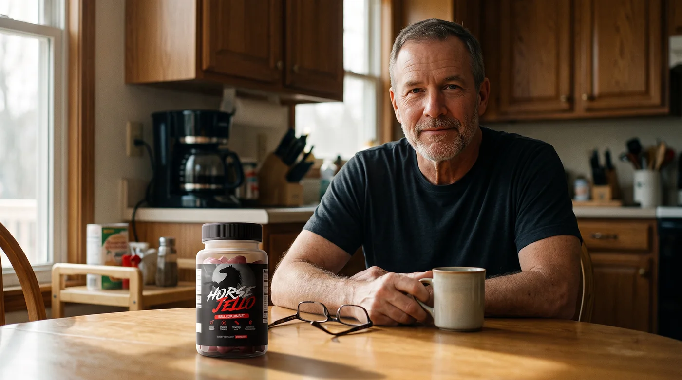 A man in his fifties at his kitchen table, Horse Jello in front of him